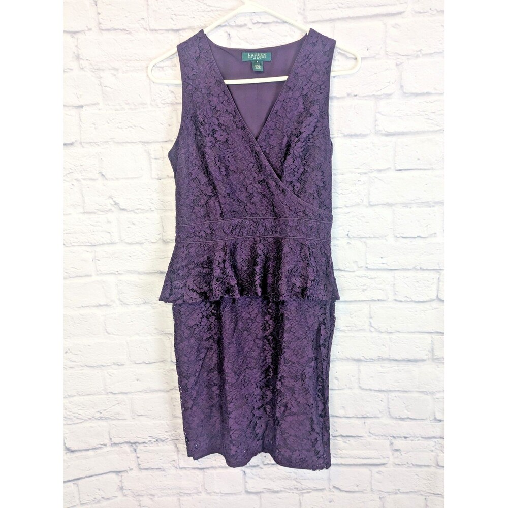Lauren Ralph Lauren Peplum Lace overlay dress v-neck size 4 formal, classic LRL‎